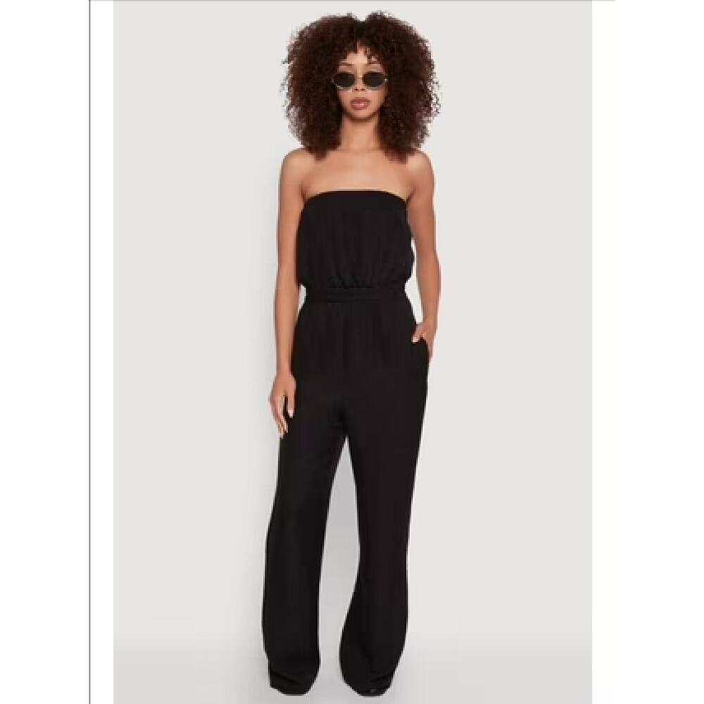 Knot Sister’s Black Ribbed Strapless Jumpsuit Sz XS Wide Leg Boho Minimalist Y2K